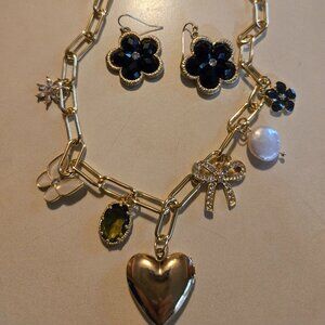 Cute 7 charm gold paperclip charm necklace & coordinating earrings, NWT